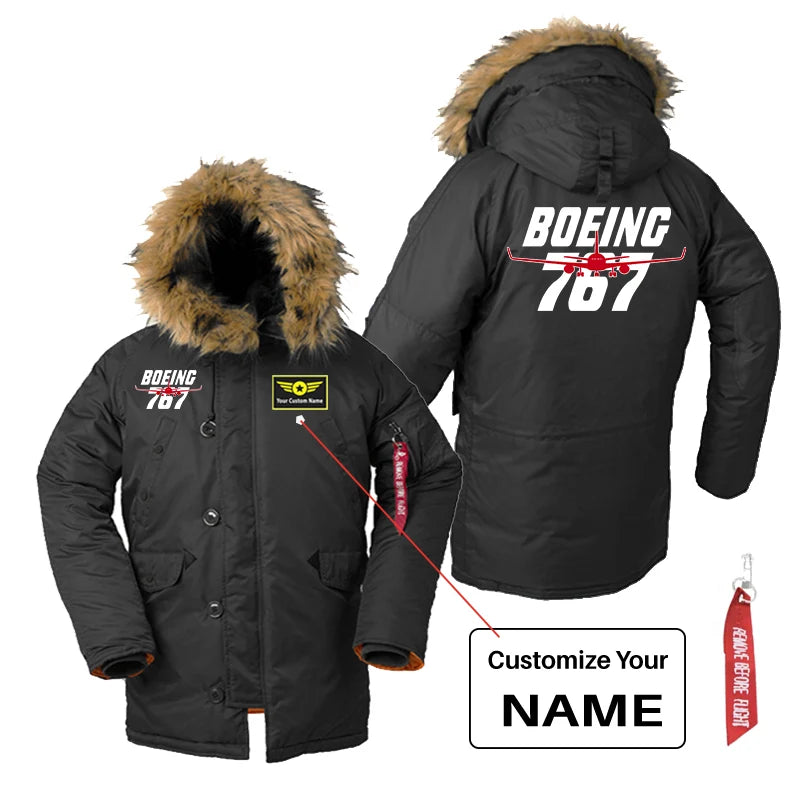 Amazing Boeing 767 aviation design printed on heavyweight shell with hooded warmth parka bomber.