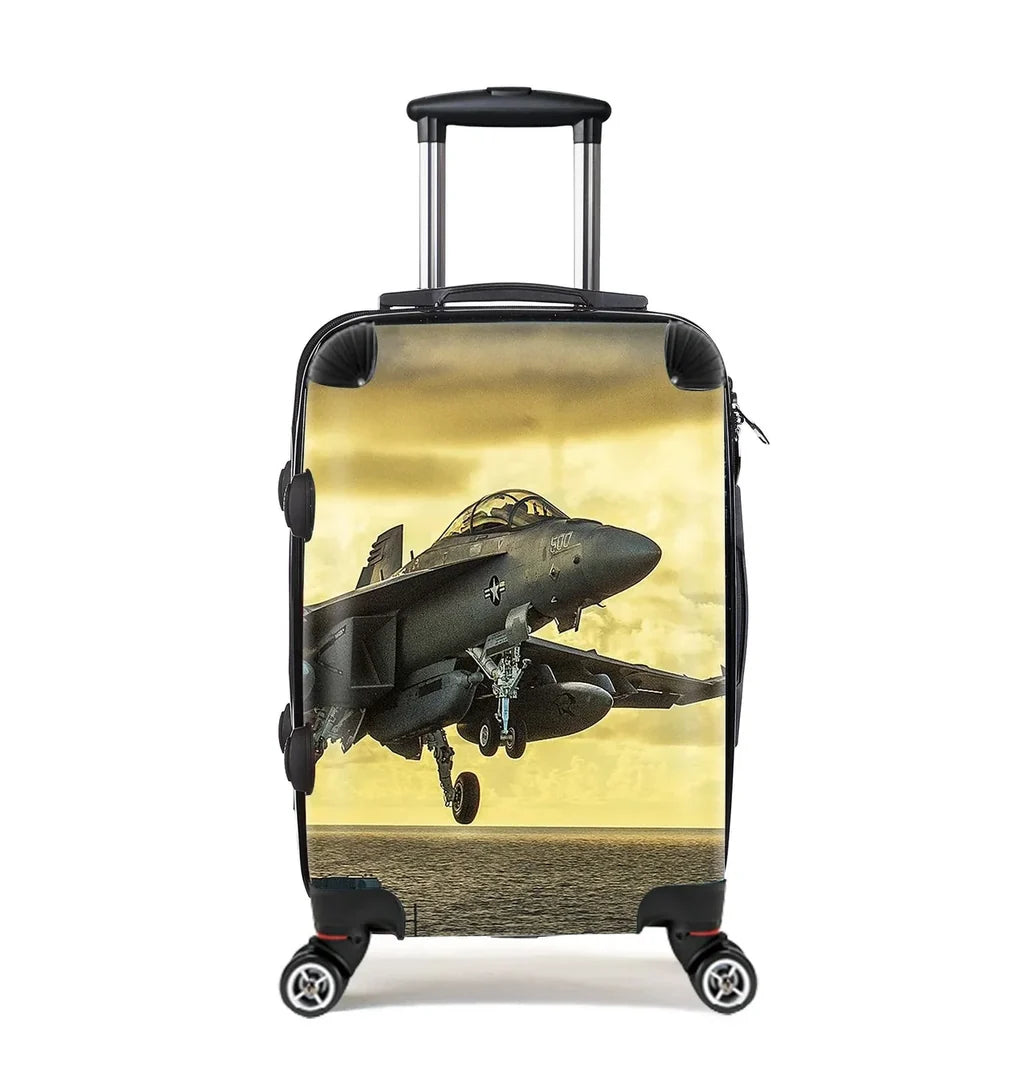 Departing Jet Aircraft Cabin Size aviation design luggage, durable shell construction.
