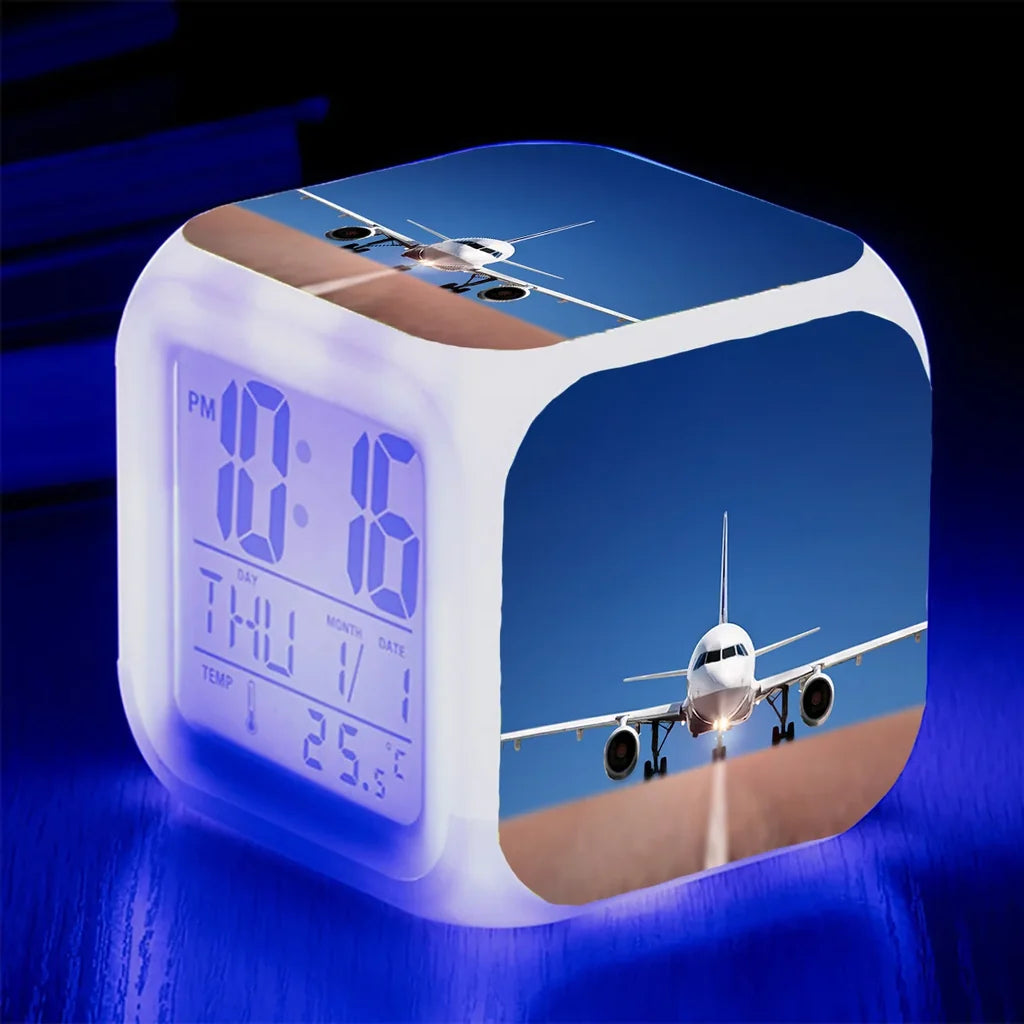 Face to Face with Airbus A320 "7 Colour" Digital Alarm aviation art table clock in premium wood and metal.