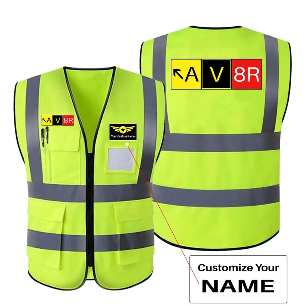 AV8R aviation design printed on high-visibility reflective fabric reflective vest.