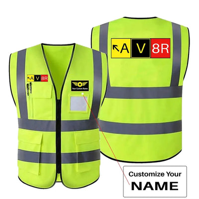 AV8R aviation design printed on high-visibility reflective fabric reflective vest.