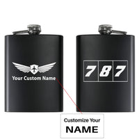 Thumbnail for Flat Colourful 787 aviation design on stainless hip flask, compact pocket-size flask.