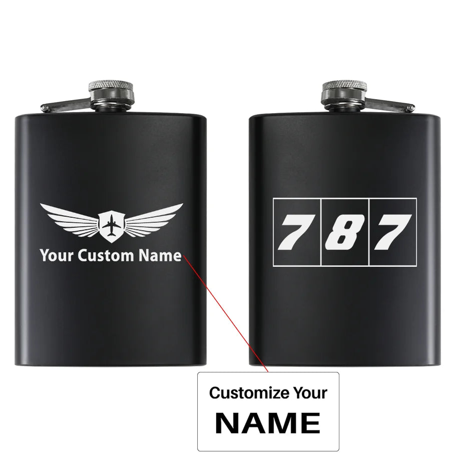 Flat Colourful 787 aviation design on stainless hip flask, compact pocket-size flask.