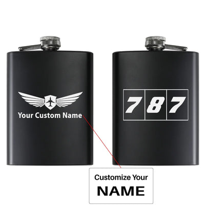 Flat Colourful 787 aviation design on stainless hip flask, compact pocket-size flask.