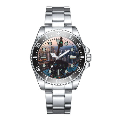 Amazing City View from Helicopter Cockpit Luxury Aviators aviation-themed aviator watch, polished premium stainless steel.