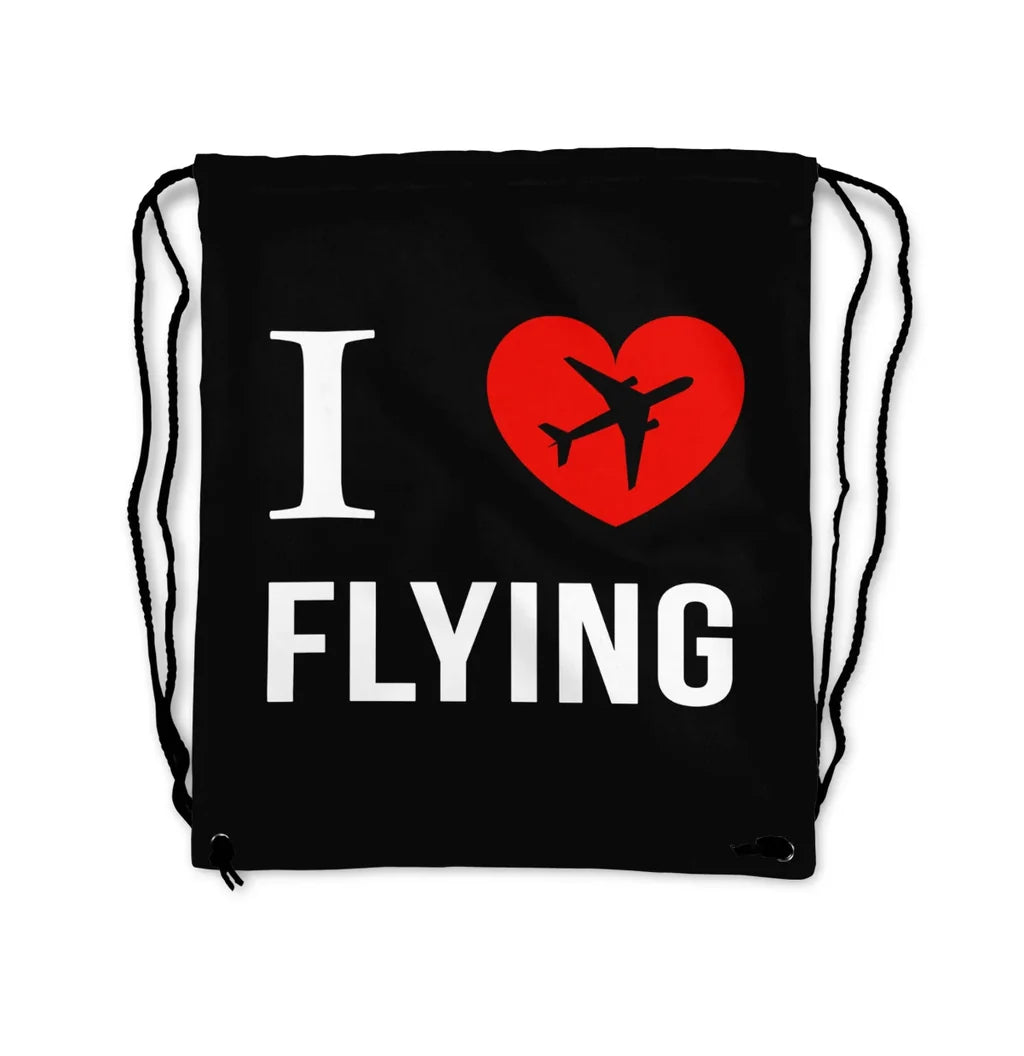 I Love Flying aviation print drawstring bag, lightweight polyester.