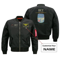 Thumbnail for Bethel Airport (BET) design on black bomber jacket with custom name patch