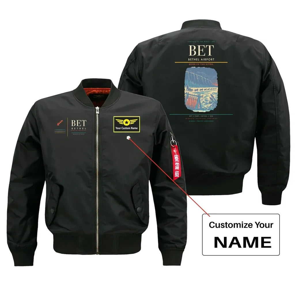 Bethel Airport (BET) design on black bomber jacket with custom name patch