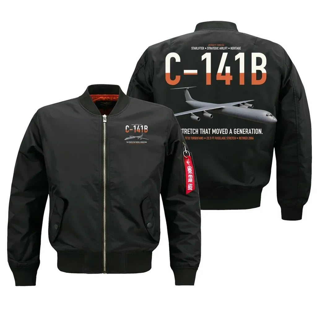 C-141B Starlifter design on black bomber jacket, double-side print