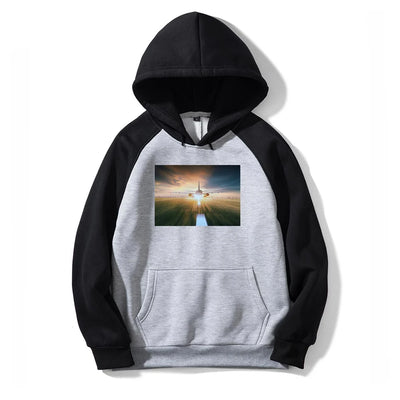 Airplane Flying Over Runway aviation design on colourful cotton blend colourful hoodie.