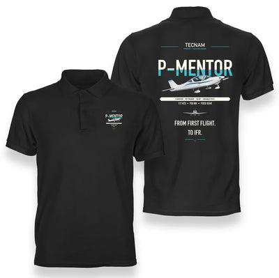 Tecnam P-Mentor design on black double-side polo t-shirt, double-side print