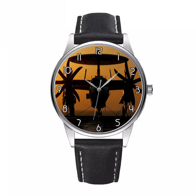Military Plane at Sunset aviation-themed watch with leather strap, polished leather strap.