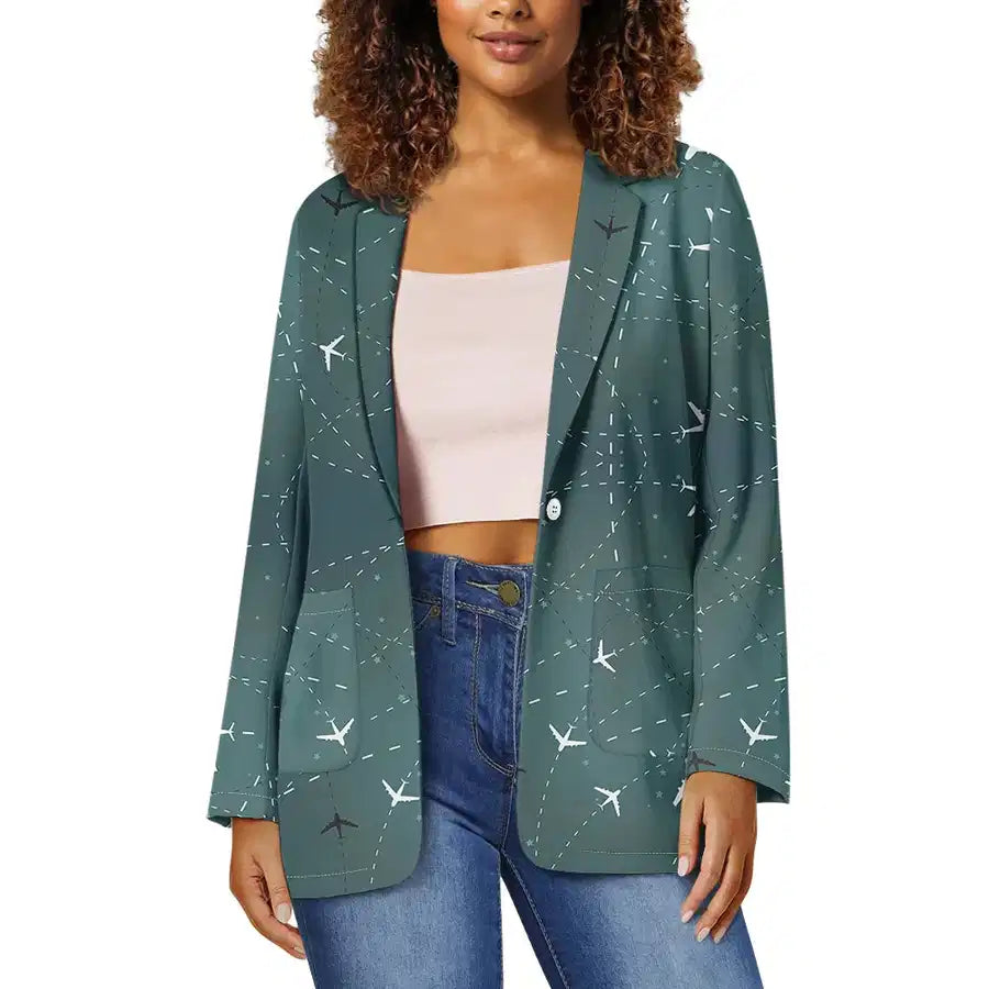 Travelling with Aircraft (Green) aviation design on premium cotton blend 3D-printed women's casual blazer suit.