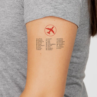 Aviation Alphabet 2 aviation temporary tattoo in skin-safe adhesive paper.