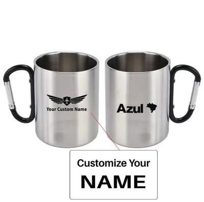 Azul Airlines aviation design on outdoor mug, durable insulated construction.
