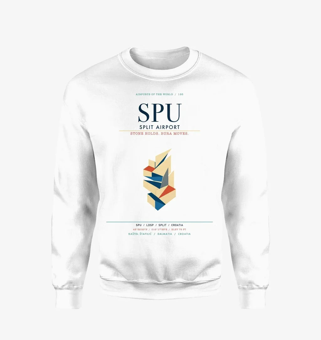 Split Airport (SPU) design on white sweatshirt