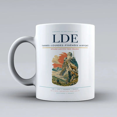 Tarbes–Lourdes–Pyrénées Airport (LDE) airport code design on white ceramic mug