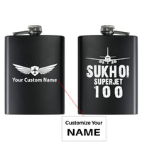 Thumbnail for Sukhoi Superjet 100 & Plane aviation design on stainless hip flask, compact pocket-size flask.