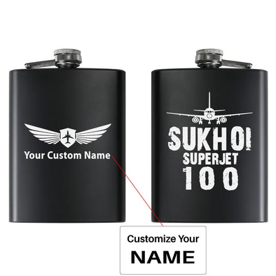 Sukhoi Superjet 100 & Plane aviation design on stainless hip flask, compact pocket-size flask.