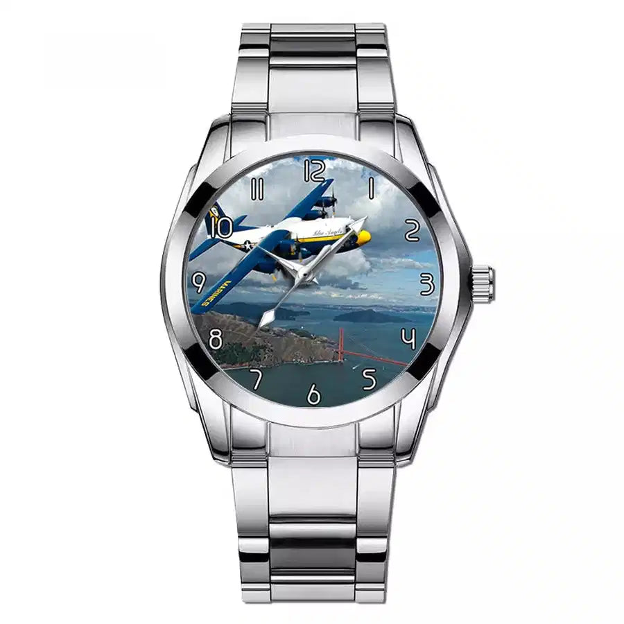 Blue Angels & Bridge aviation watch with stainless steel band, stainless steel body with engraved detail.