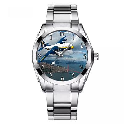 Blue Angels & Bridge aviation watch with stainless steel band, stainless steel body with engraved detail.