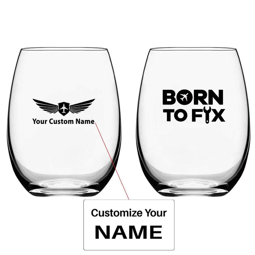 Born To Fix Airplanes Water & Drink aviation design on water glass, crystal-clear premium glassware.