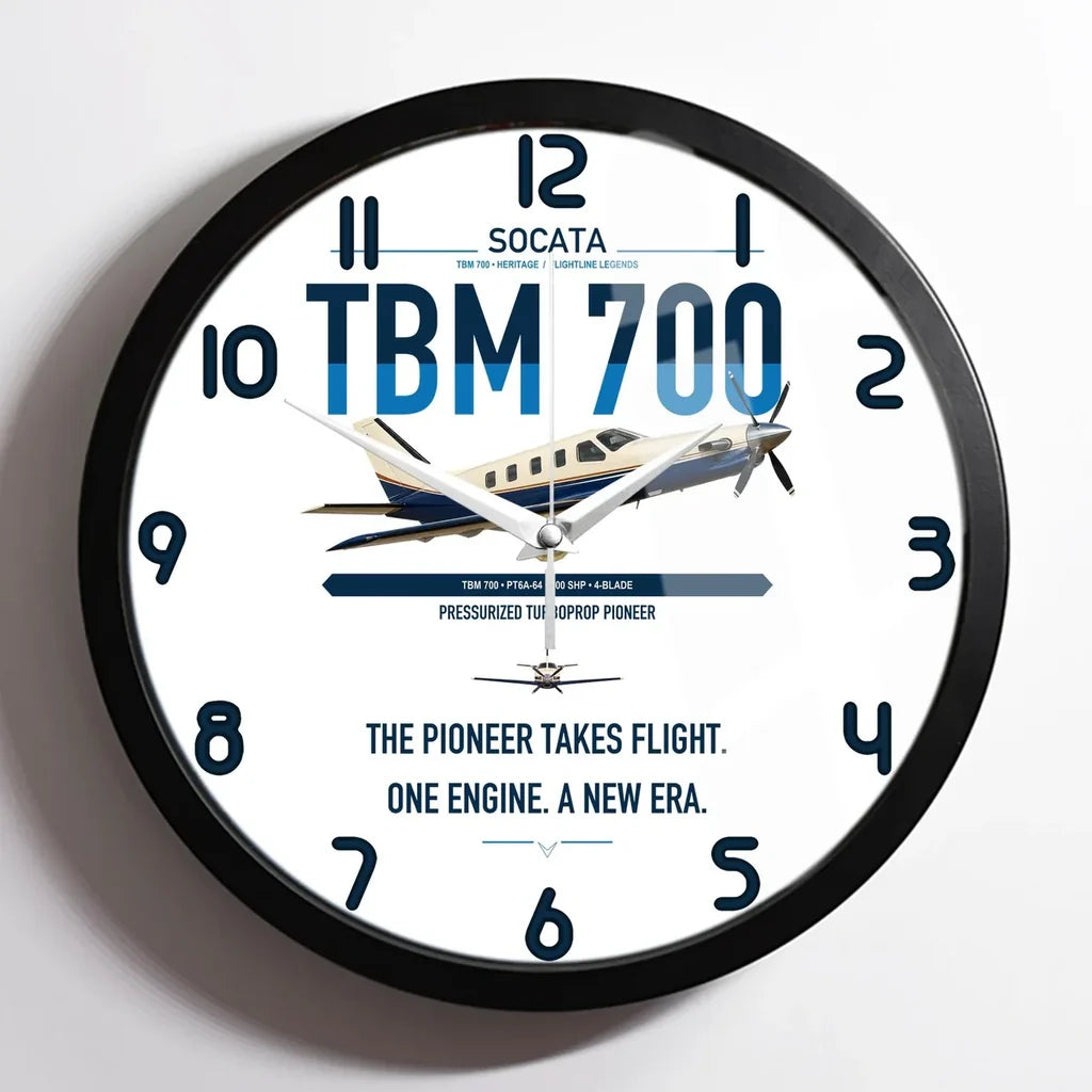 Socata TBM 700 design on white framed wall clock