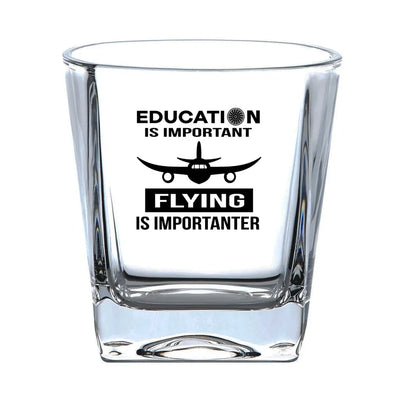 Flying is Importanter aviation design on whiskey glass, crystal-clear premium glassware.
