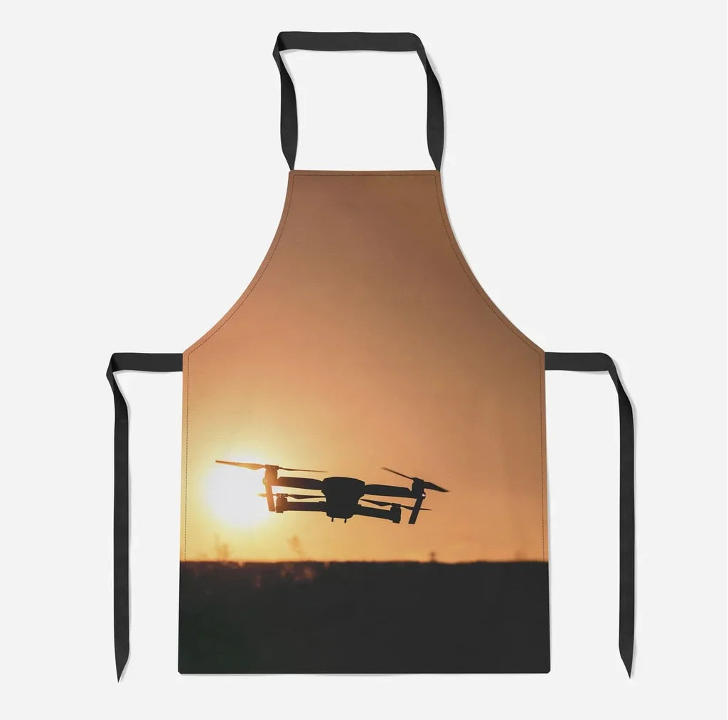 Amazing Drone in Sunset aviation design on durable cotton blend kitchen apron.