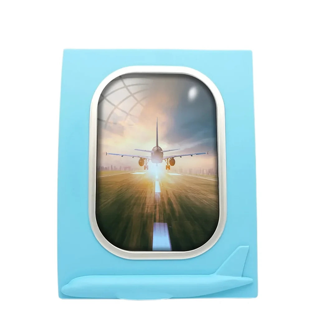 Airplane Flying Over Runway aviation design on durable resin with glass face airplane window photo frame.