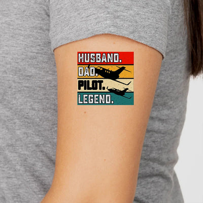Husband & Dad & Pilot & Legend aviation temporary tattoo in skin-safe adhesive paper.