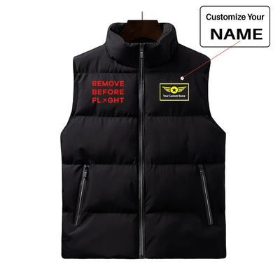 Remove Before Flight aviation design printed on quilted padding with sleeveless design puffy vest.