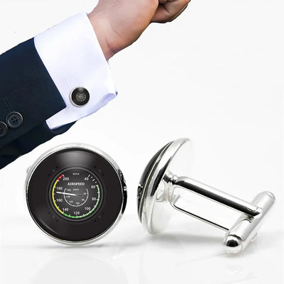 Airplane Instruments-Airspeed aviation-themed cuff links, polished metal.