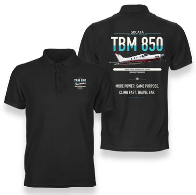 Socata TBM 850 design on black double-side polo t-shirt, double-side print