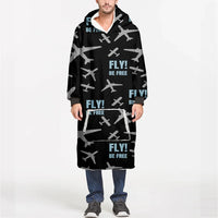 Thumbnail for Fly Be Free Black aviation design on soft fleece blanket hoodie.