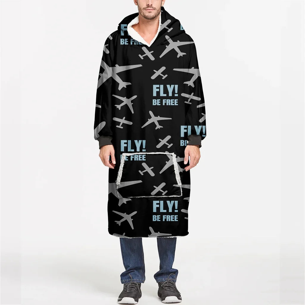 Fly Be Free Black aviation design on soft fleece blanket hoodie.