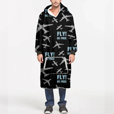 Fly Be Free Black aviation design on soft fleece blanket hoodie.