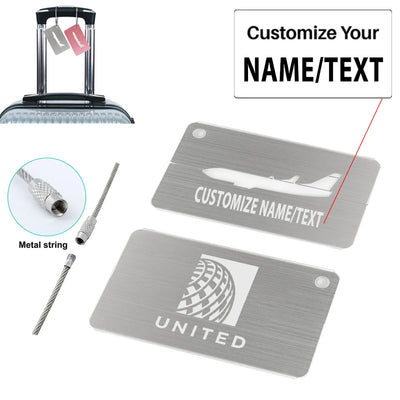 United Airlines aviation print aluminum airplane luggage tag, aircraft-grade aluminum.