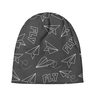 Paper Airplane & Fly (Gray) aviation embroidery on soft knit fabric 3D knit beanie.