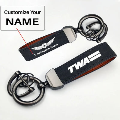 Trans World Airlines (TWA) Horseshoe Buckle key chain, Black + Name