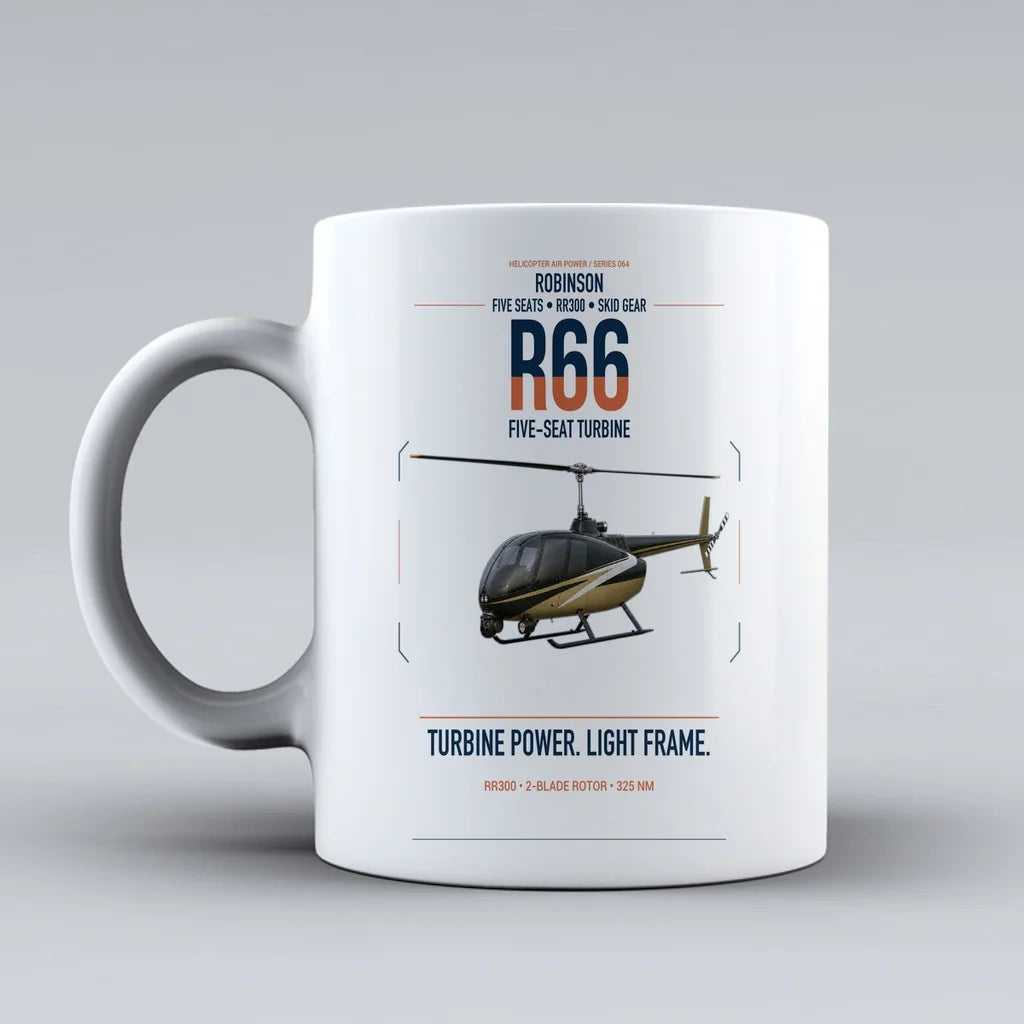 Robinson R66 design on white ceramic mug, double-side print