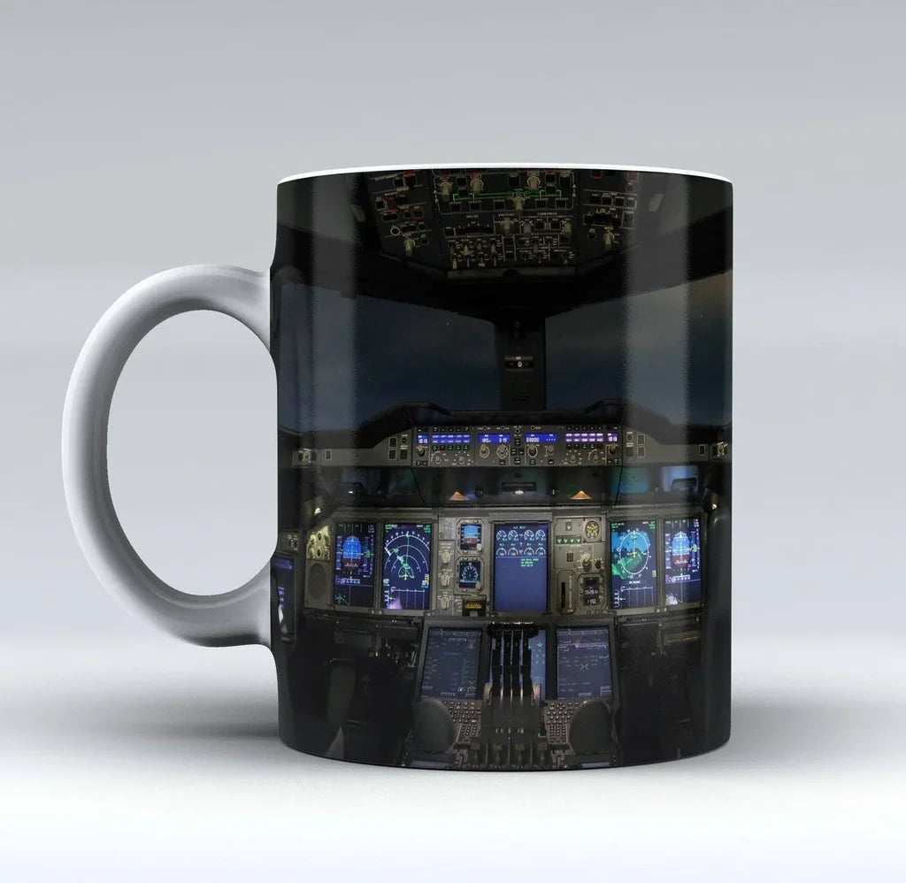 Airbus A380 Cockpit Printed aviation design on ceramic mug, premium ceramic with glazed finish.