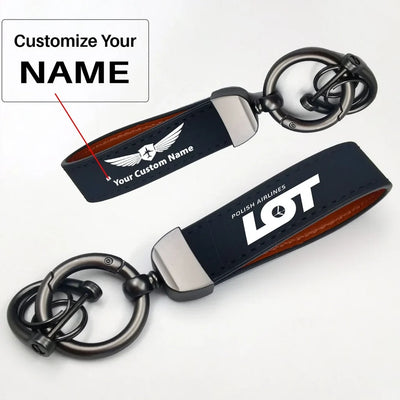 Side view of LOT Polish Airlines aviation horseshoe-buckle key chain in polished metal alloy, polished finish.
