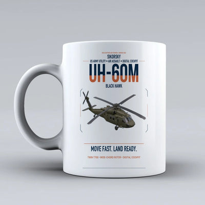 Sikorsky UH-60M Black Hawk design on white ceramic mug, double-side print