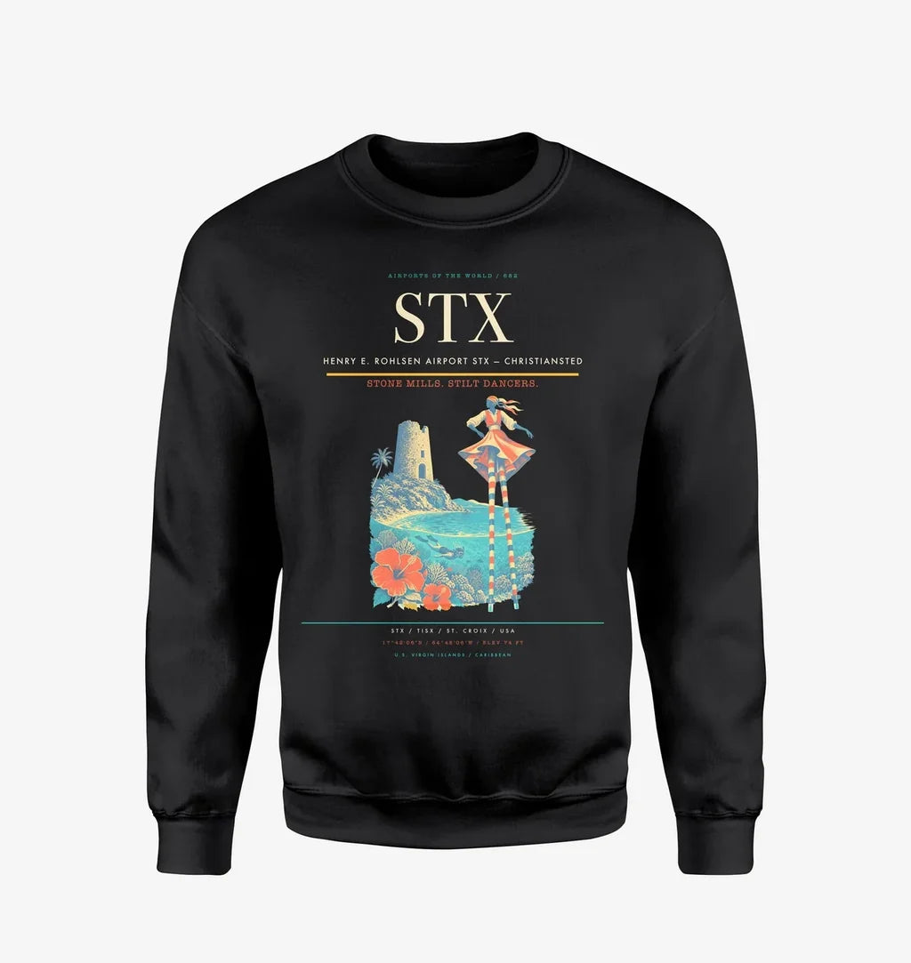 Henry E. Rohlsen Airport (STX) design on black sweatshirt