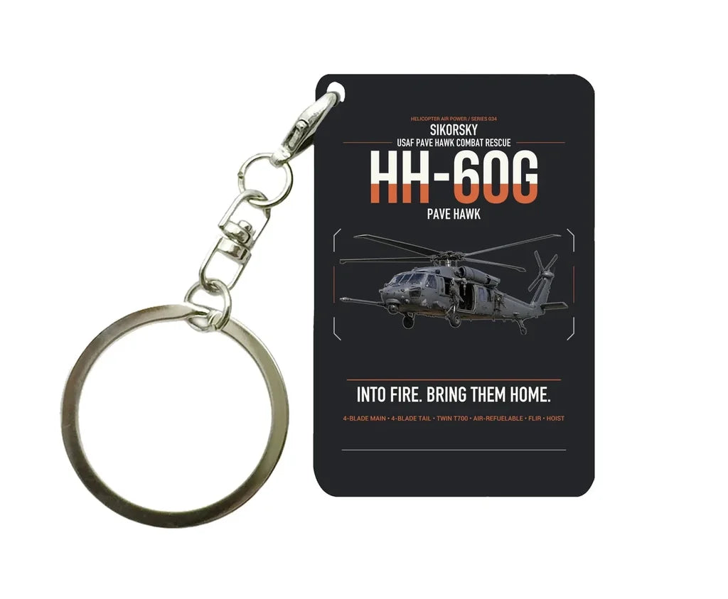 Sikorsky HH-60G Pave Hawk design on black designed key chain, double-side print