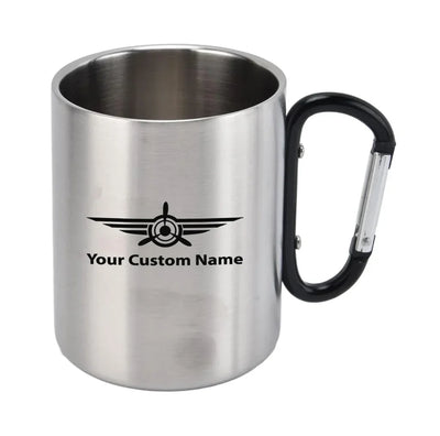 Custom Name (Badge 3) aviation design on outdoor mug, durable insulated construction.