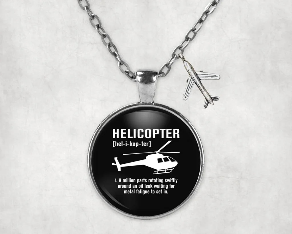 Helicopter [Noun] aviation necklace, stainless steel body with engraved detail.