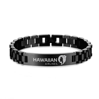 Hawaiian Airlines aviation chain bracelet, stainless steel body with engraved detail.