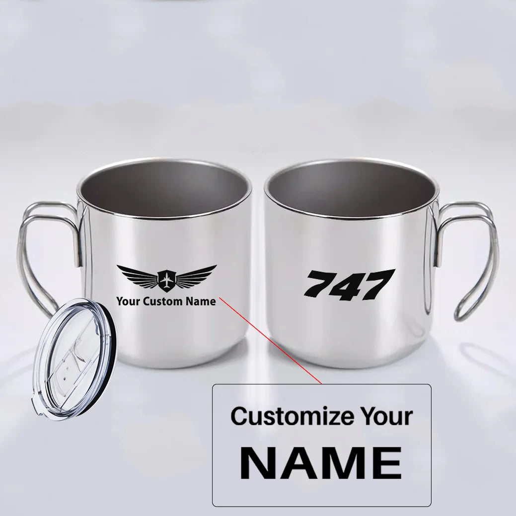 Boeing 747 Flat Text aviation design on portable mug, vacuum-insulated double-wall.